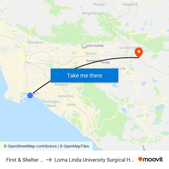 First & Shelter C N to Loma Linda University Surgical Hospital map