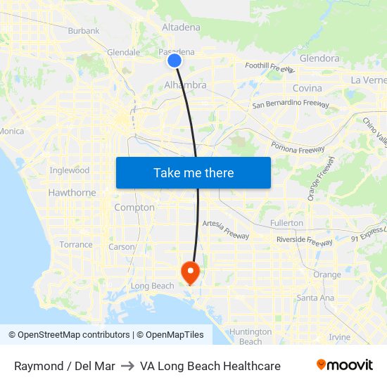 Raymond / Del Mar to VA Long Beach Healthcare map