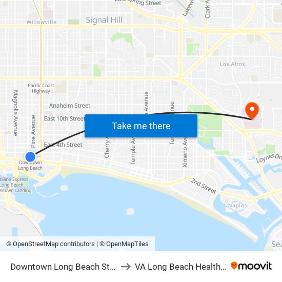 Downtown Long Beach Station to VA Long Beach Healthcare map