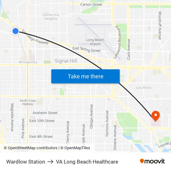 Wardlow Station to VA Long Beach Healthcare map