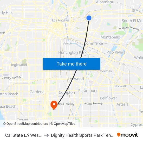 Cal State LA Westbound to Dignity Health Sports Park Tennis Stadium map