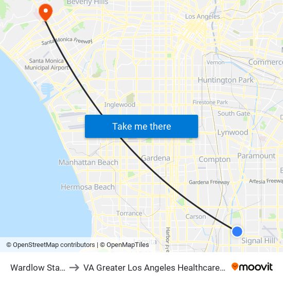 Wardlow Station to VA Greater Los Angeles Healthcare System map