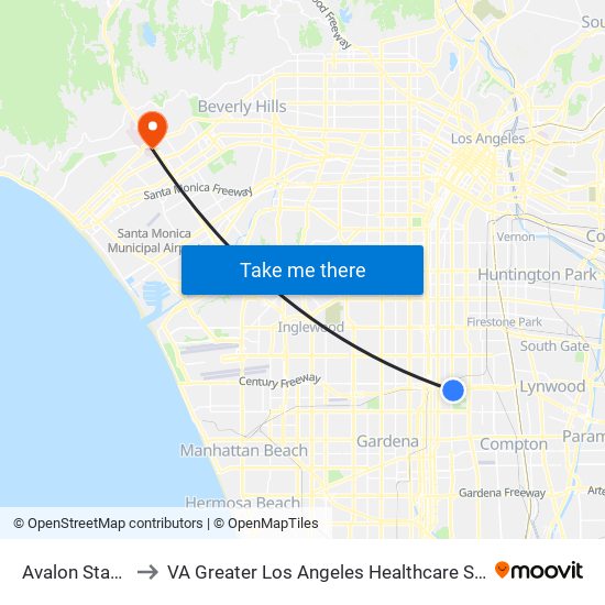 Avalon Station to VA Greater Los Angeles Healthcare System map