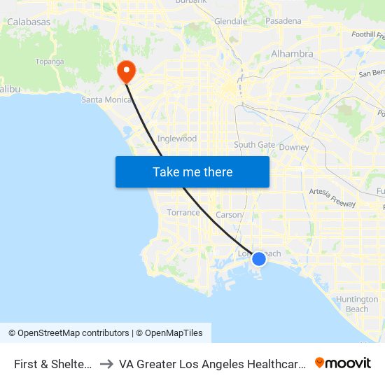 First & Shelter C N to VA Greater Los Angeles Healthcare System map