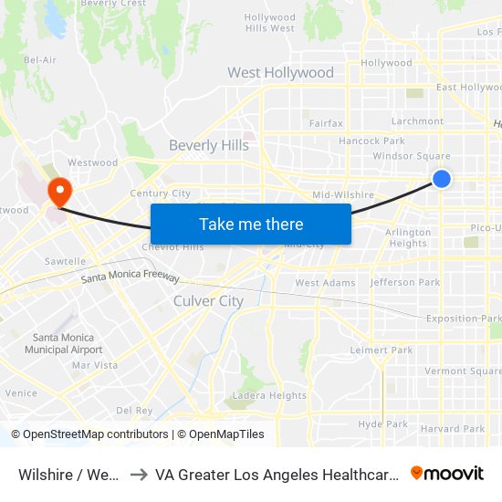 Wilshire / Western to VA Greater Los Angeles Healthcare System map