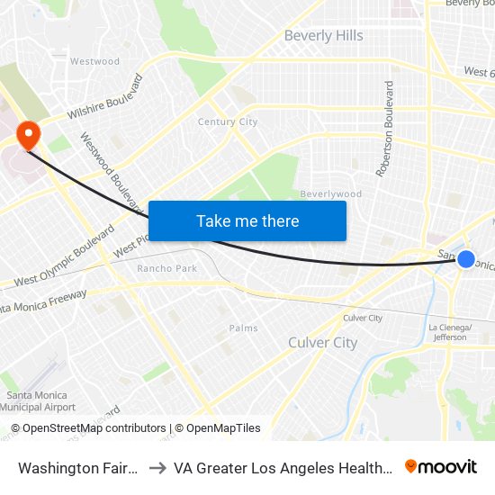 Washington Fairfax Hub to VA Greater Los Angeles Healthcare System map