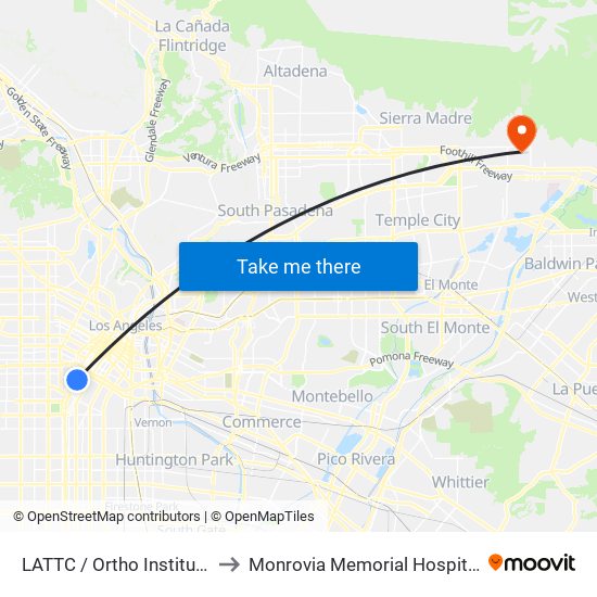 LATTC / Ortho Institute to Monrovia Memorial Hospital map