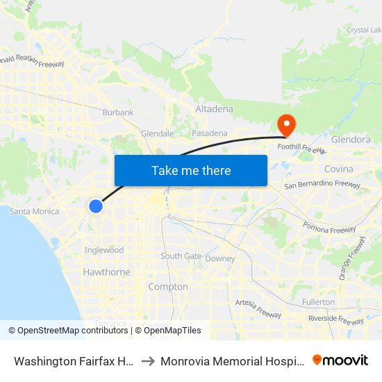Washington Fairfax Hub to Monrovia Memorial Hospital map