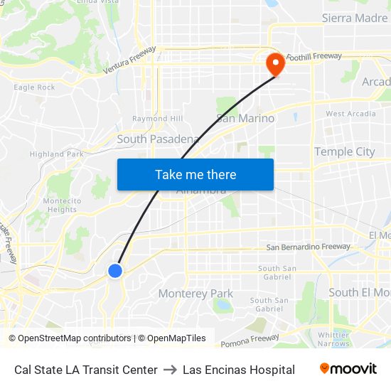 Cal State LA Transit Center to Las Encinas Hospital map