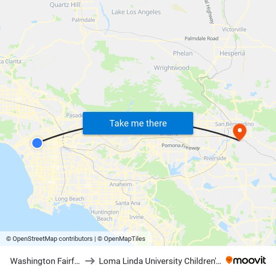 Washington Fairfax Hub to Loma Linda University Children's Hospital map