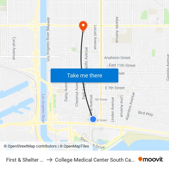 First & Shelter C N to College Medical Center South Campus map