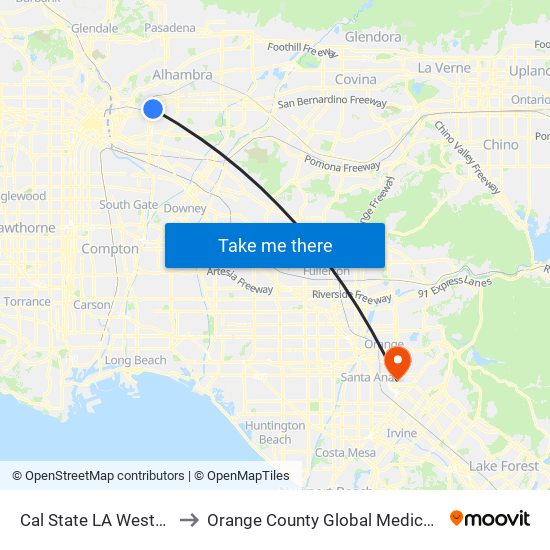 Cal State LA Westbound to Orange County Global Medical Center map