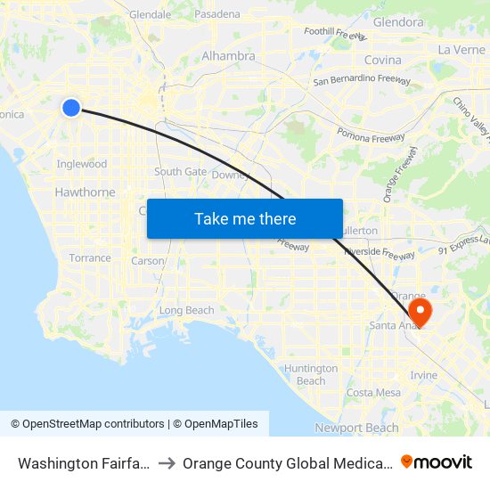 Washington Fairfax Hub to Orange County Global Medical Center map