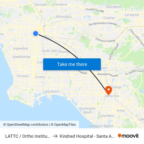 LATTC / Ortho Institute to Kindred Hospital - Santa Ana map