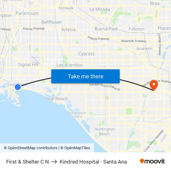 First & Shelter C N to Kindred Hospital - Santa Ana map