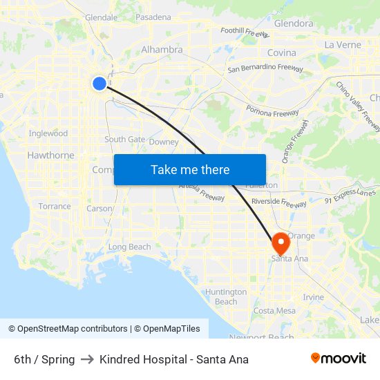 6th / Spring to Kindred Hospital - Santa Ana map