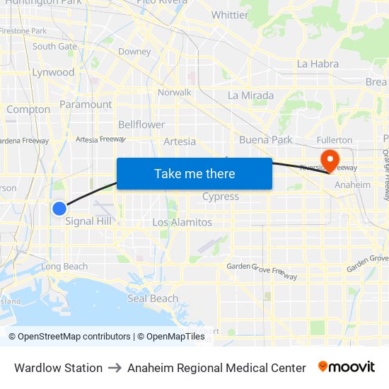 Wardlow Station to Anaheim Regional Medical Center map