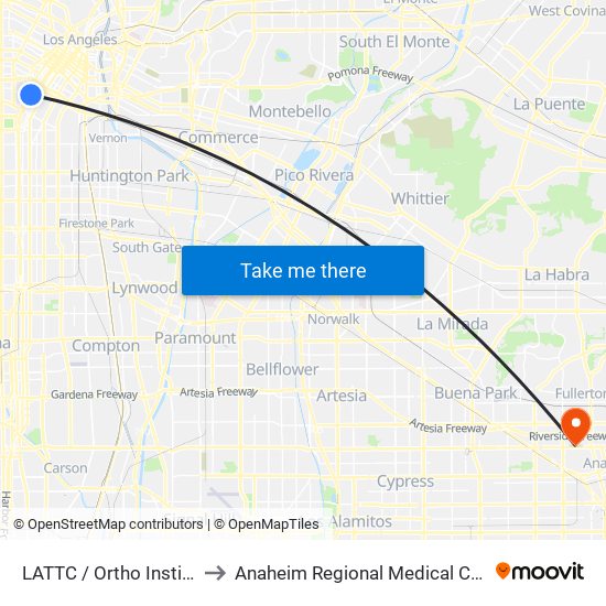 LATTC / Ortho Institute to Anaheim Regional Medical Center map