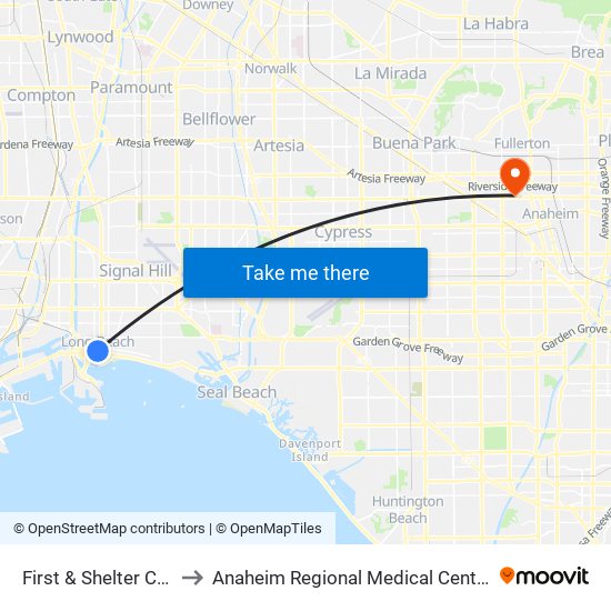 First & Shelter C N to Anaheim Regional Medical Center map