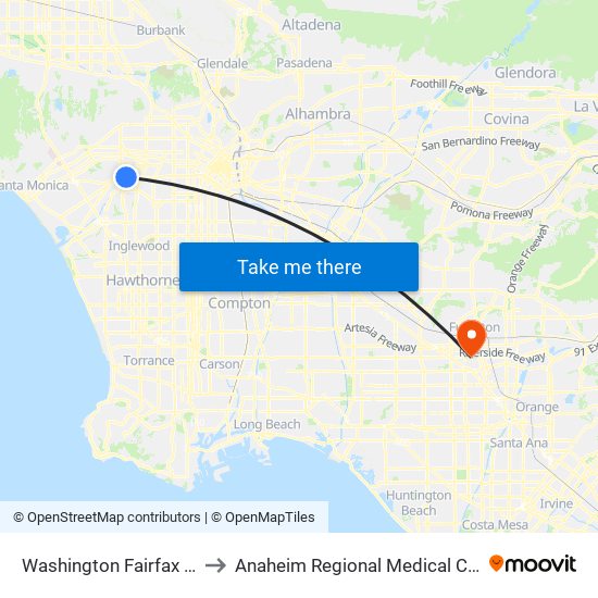 Washington Fairfax Hub to Anaheim Regional Medical Center map