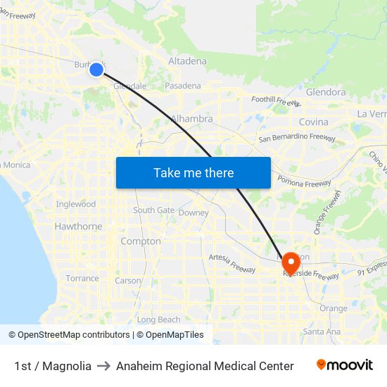 1st / Magnolia to Anaheim Regional Medical Center map