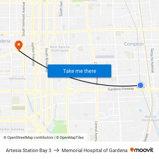 Artesia Station Bay 3 to Memorial Hospital of Gardena map