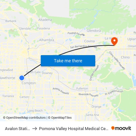 Avalon Station to Pomona Valley Hospital Medical Center map