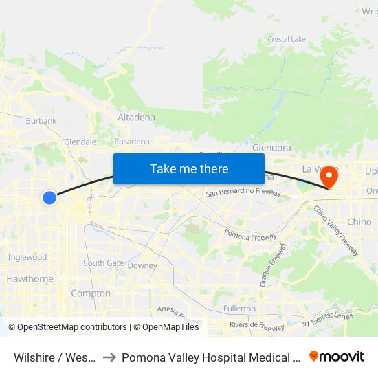 Wilshire / Western to Pomona Valley Hospital Medical Center map