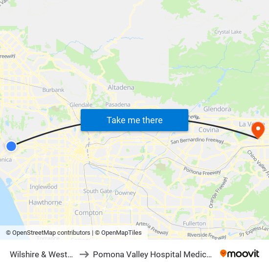 Wilshire & Westwood to Pomona Valley Hospital Medical Center map