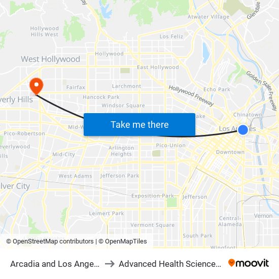 Arcadia and Los Angeles St W to Advanced Health Sciences Pavilion map
