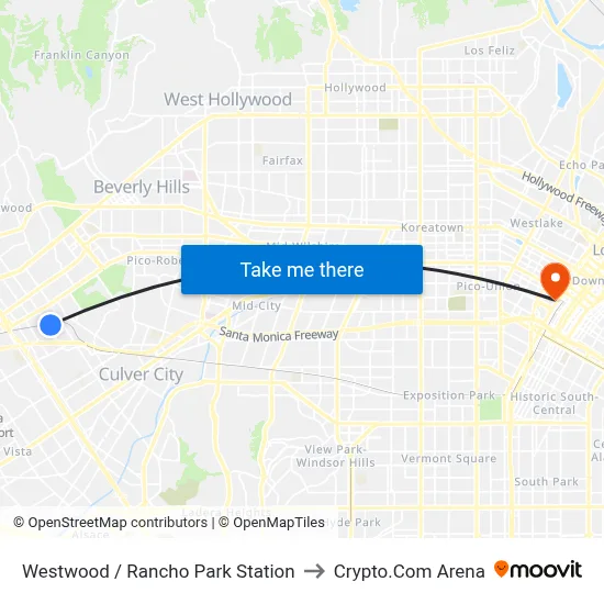 Westwood / Rancho Park Station to Crypto.Com Arena map