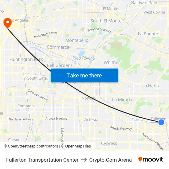 Fullerton Transportation Center to Crypto.Com Arena map