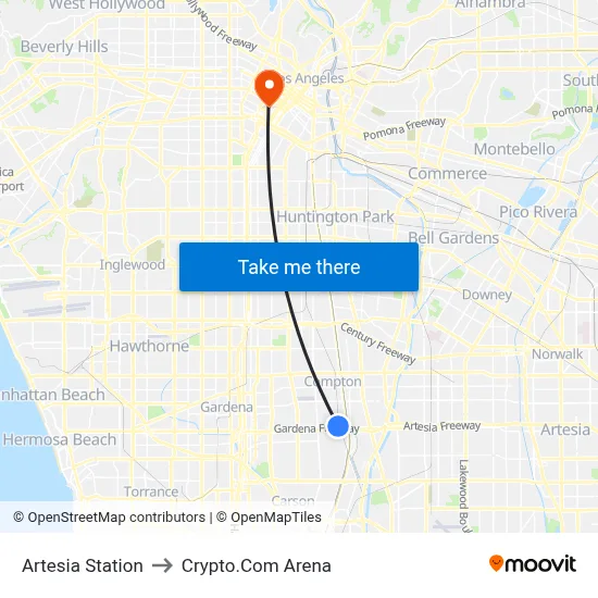 Artesia Station to Crypto.Com Arena map