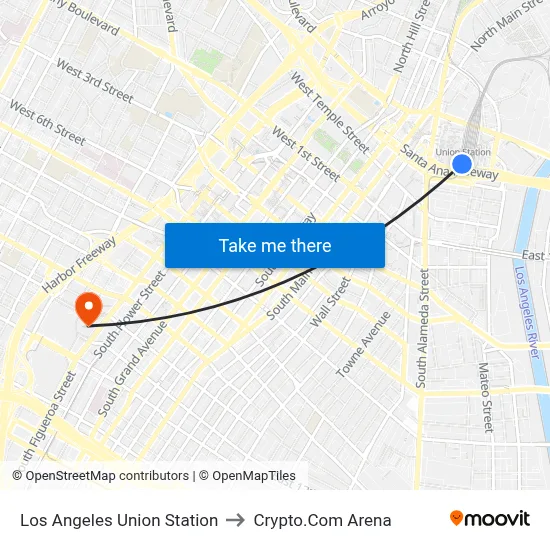 Los Angeles Union Station to Crypto.Com Arena map