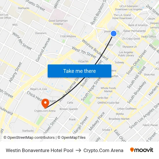 Westin Bonaventure Hotel Pool to Crypto.Com Arena map