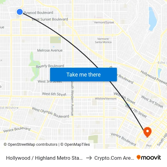 Hollywood / Highland Metro Station to Crypto.Com Arena map