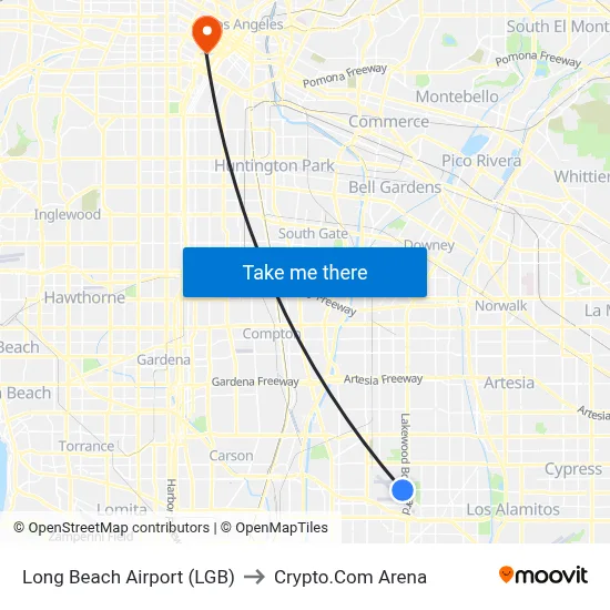 Long Beach Airport (LGB) to Crypto.Com Arena map
