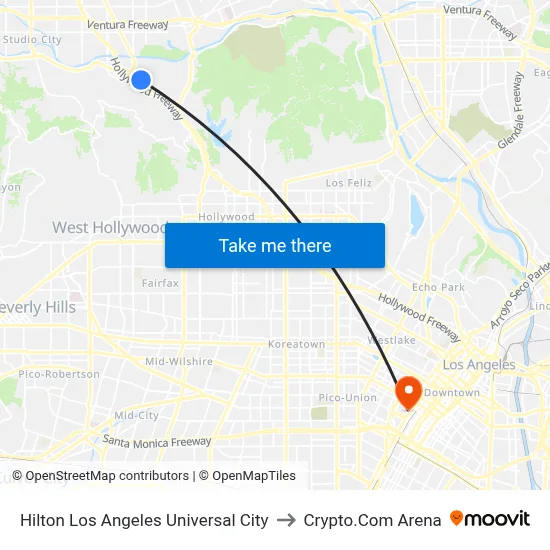 Hilton Los Angeles Universal City to Crypto.Com Arena map