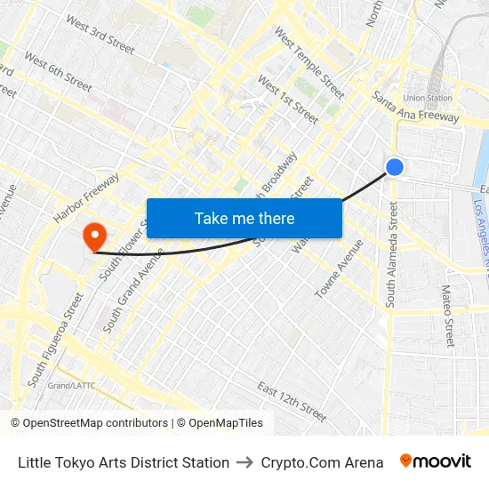 Little Tokyo Arts District Station to Crypto.Com Arena map