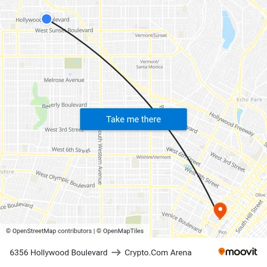 6356 Hollywood Boulevard to Crypto.Com Arena map