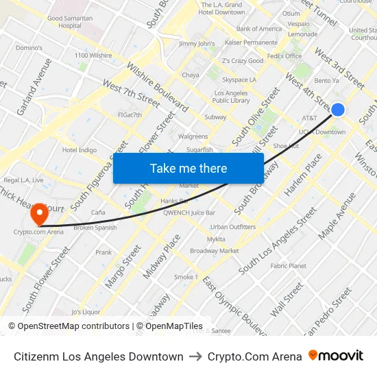 Citizenm Los Angeles Downtown to Crypto.Com Arena map
