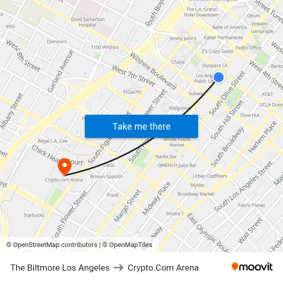 The Biltmore Los Angeles to Crypto.Com Arena map