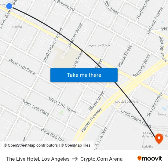 The Live Hotel, Los Angeles to Crypto.Com Arena map