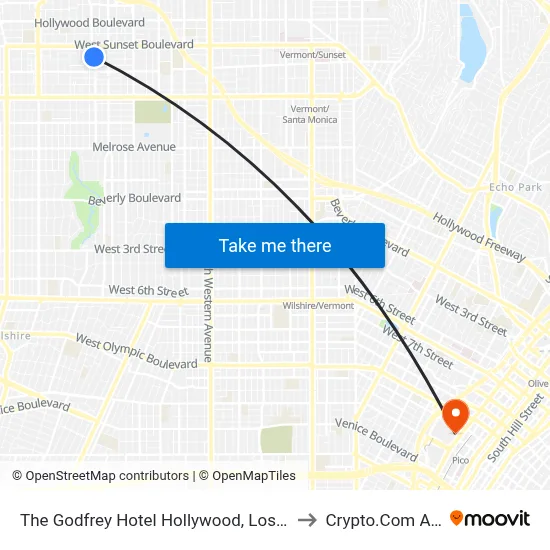 The Godfrey Hotel Hollywood, Los Angeles to Crypto.Com Arena map