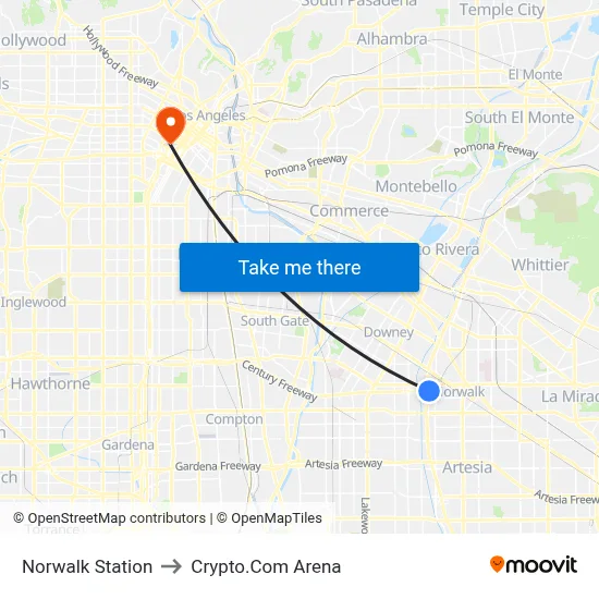 Norwalk Station to Crypto.Com Arena map