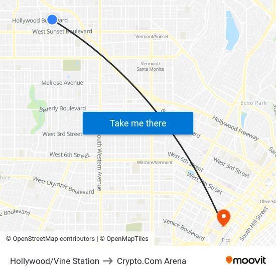 Hollywood/Vine Station to Crypto.Com Arena map
