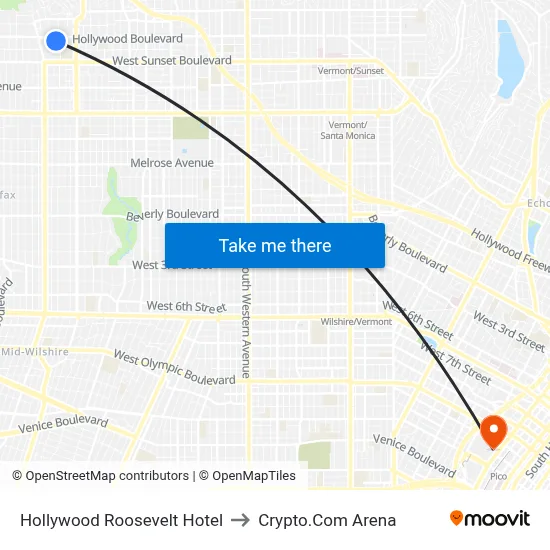 Hollywood Roosevelt Hotel to Crypto.Com Arena map