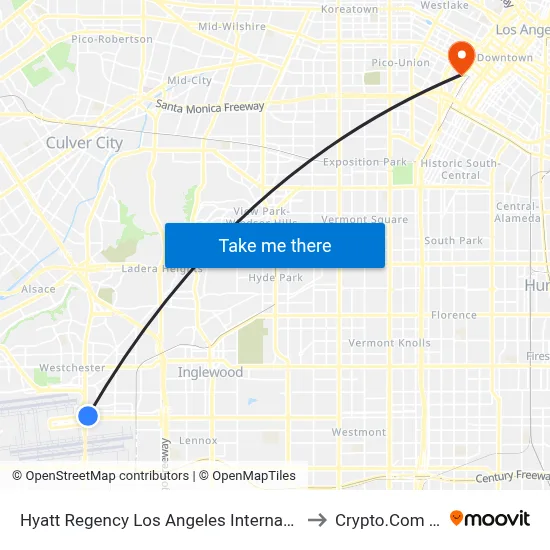 Hyatt Regency Los Angeles International Airport to Crypto.Com Arena map