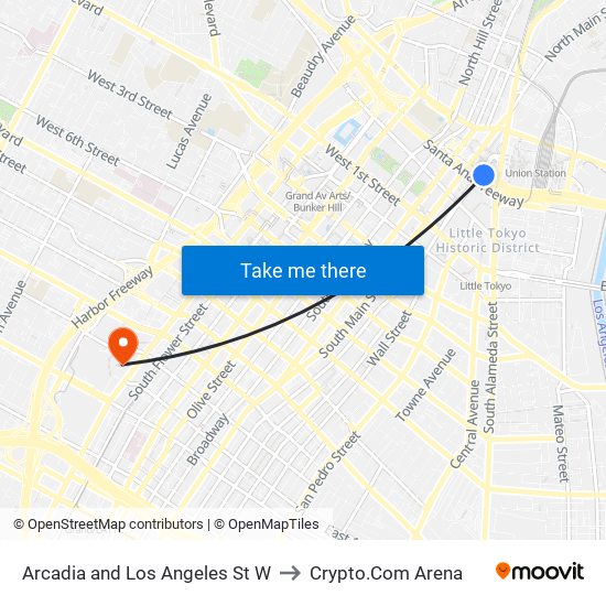 Arcadia and Los Angeles St W to Crypto.Com Arena map