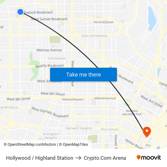 Hollywood / Highland Station to Crypto.Com Arena map